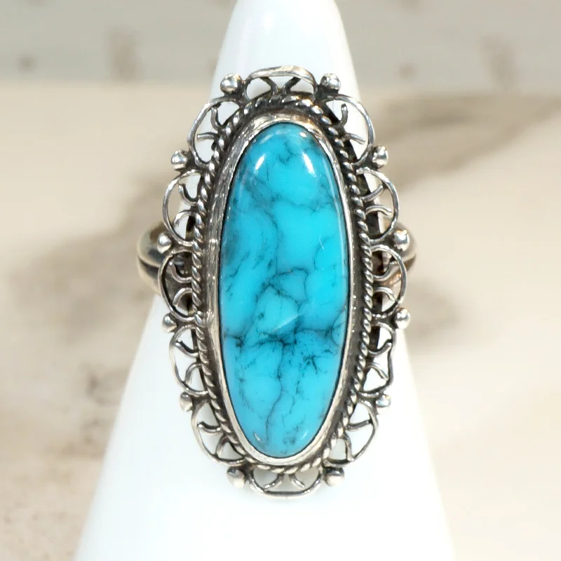 Energy Flow Rings -Turquoise-Colored Glass in Sterling Filigree Ring