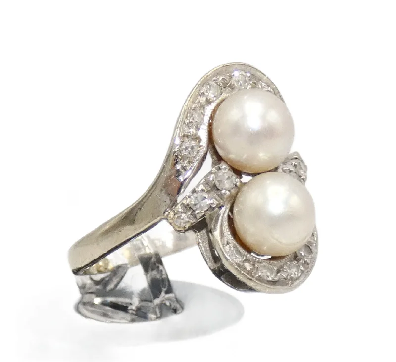 Tropical Leaf Rings -14K White Gold Pearl & Diamond Ring