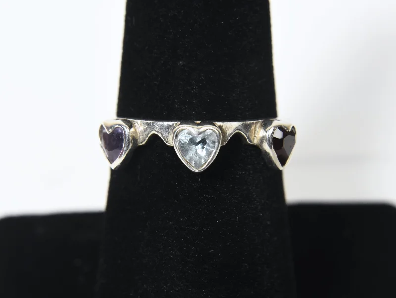 Fine Delicate Rings -Blue Topaz, Red Garnet, Amethyst Hearts Sterling Silver Ring - Size 6.75