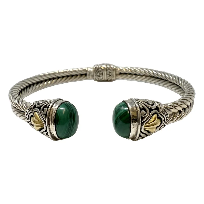 Ladies Party Bracelets -Sterling Silver Hinged Cuff Bracelet with Malachite and 18K Gold Accent