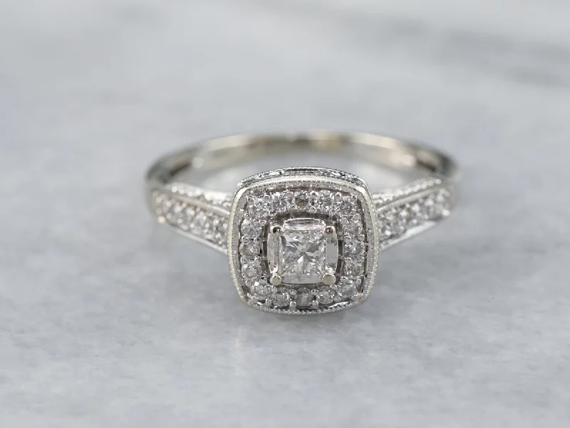 Spiritual Engagement Rings -Modern Princess Cut Diamond Halo Engagement Ring