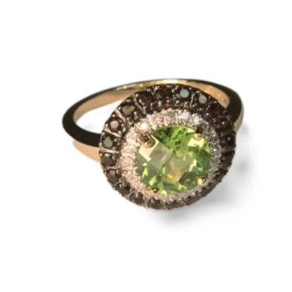 Serenity Band Rings -Beautiful 14K Yellow Gold Peridot Smokey Quartz Diamond Ring Band