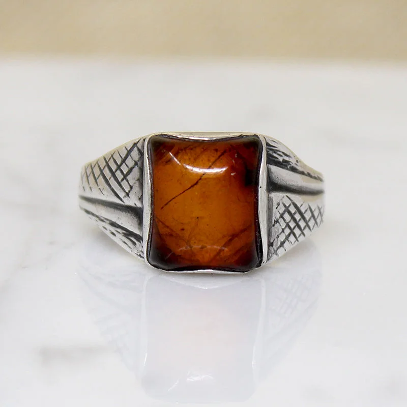 Brushed Metal Rings -Amber Cushion in Engraved Sterling Ring