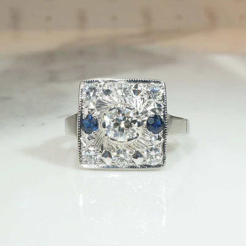 Vibrant Color Rings -Deco Square Diamond and Sapphire Ring