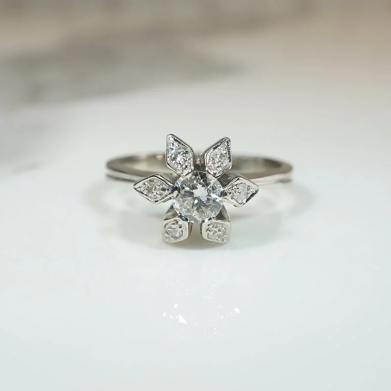 Cheap Fashion Rings -Mid-Century Diamond & 18k White Gold Flower Ring