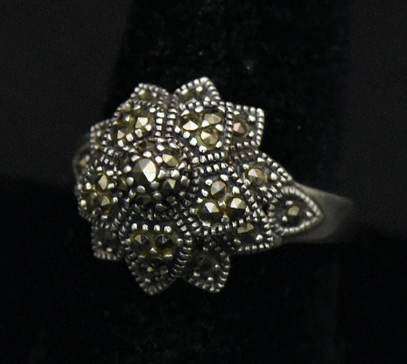 Yoga Inspired Rings -Vintage Sterling Silver Marcasite Floral Spinner Ring - Size 8.75