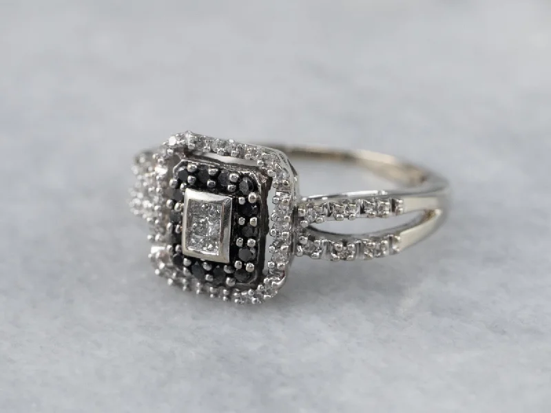 Horoscope Engagement Rings -Black and White Diamond Halo Engagement Ring