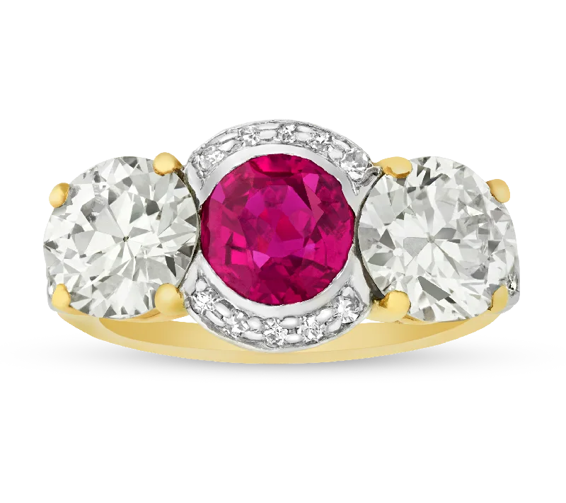 Tree Design Rings -Unheated Burma Ruby and Diamond Ring