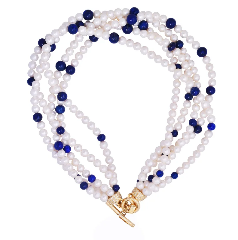 Ladies Necklaces Open Pendant-Toggle Necklace - Pearl Beads, Lapis Lazuli and Diamond  (2217A)