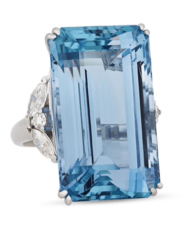 Thin Minimal Rings -Emerald-Cut Aquamarine Ring, 43.37 Carats