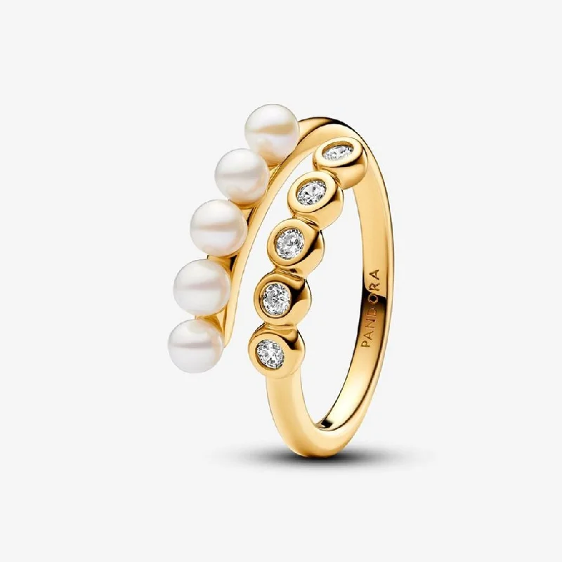 Motivational Band Rings -PANDORA : Treated Freshwater Cultured Pearls & Stones Open Ring - Gold