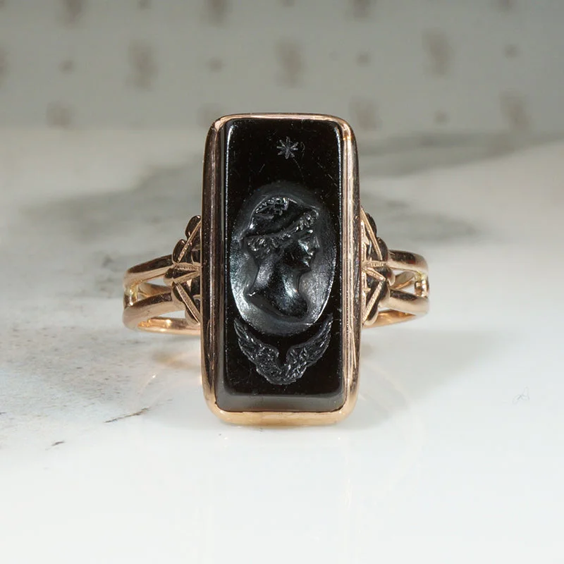 Dog Inspired Rings -Mercury Onyx Intaglio in Rosy Gold Edwardian Ring