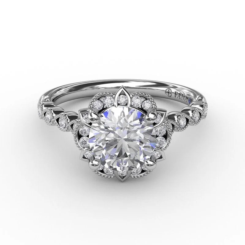 Floral Engagement Rings -Round Diamond Engagement With Floral Halo and Milgrain Details S3311