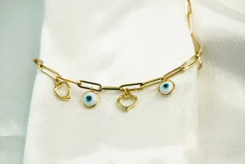 Ladies Valentine’s Day Bracelets -14k  Heart and Blue Eye pendants in Clip Bracelet