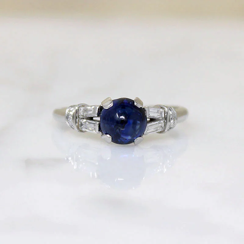 Oval Shape Rings -Velvety Cabochon Sapphire with Diamonds in Platinum Ring