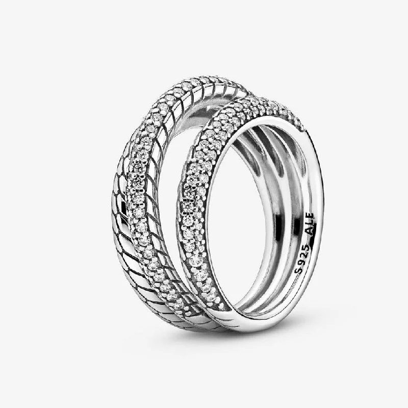 Painted Design Rings -PANDORA : Triple Band Pavé Snake Chain Pattern Ring