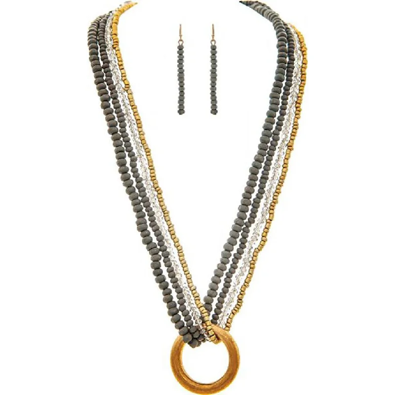 Wide Band Rings -Rain : Gold Ring Grey Bead Layered Necklace Set