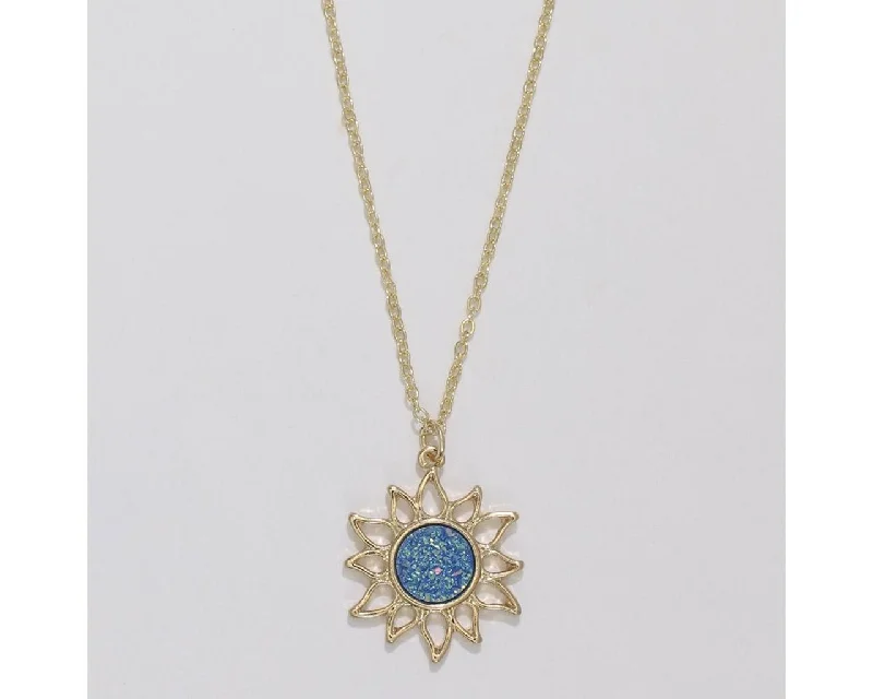 Geometric Shape Rings -Periwinkle by Barlow : Gold Sun with glittering Blue Druzy - Necklace