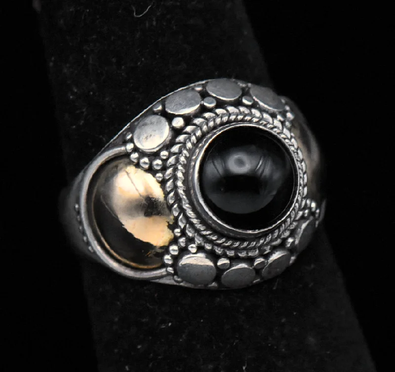 Spiritual Stone Rings -Vintage Handmade Sterling Silver and Gold Black Onyx Ring - Size 4