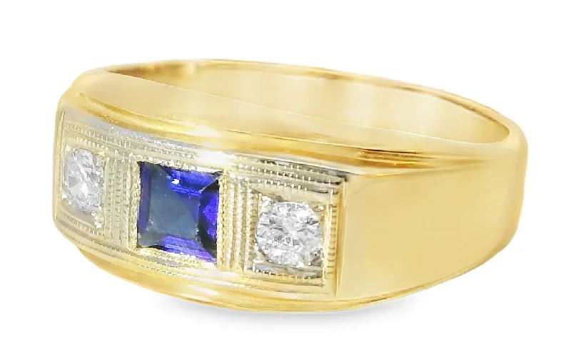 Fantasy Theme Rings -Antique 14K Two-Tone Gold Sapphire Diamond 3-Stone Unisex Band Ring