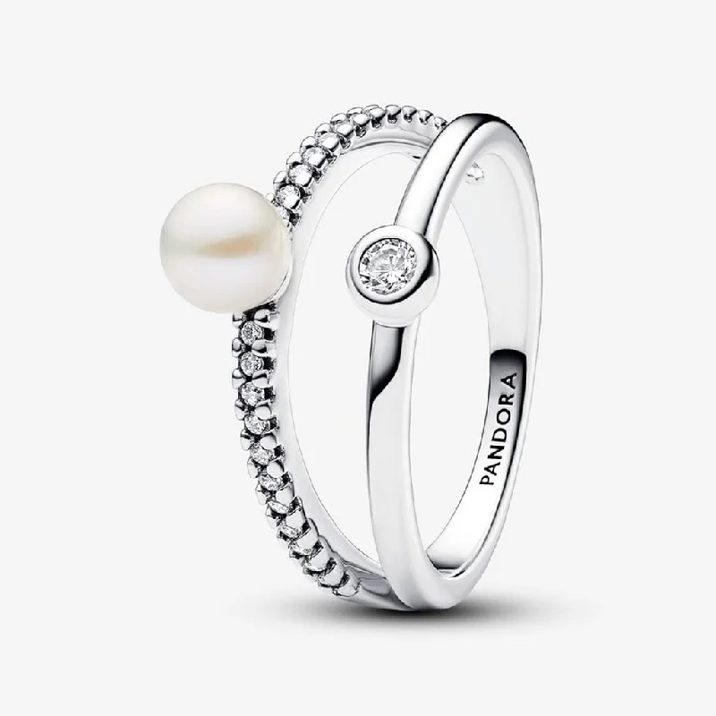 Unicorn Horn Rings -PANDORA : Treated Freshwater Cultured Pearl & Pavé Double Band Ring - Sterling Silver