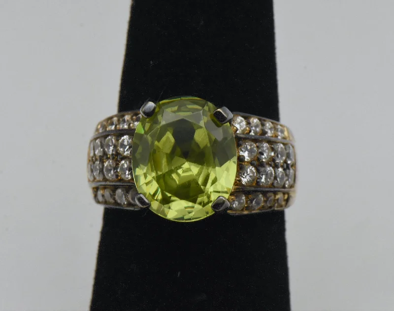 High-End Minimal Rings -Vintage Green and Colorless CZ Gold Plated Sterling Silver Ring - Size 6