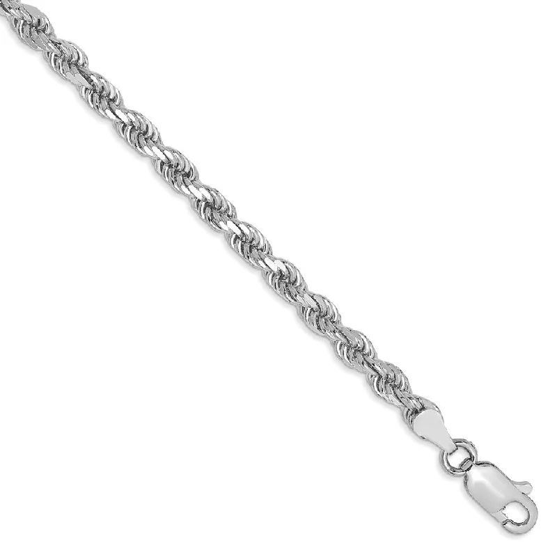 Ladies Yoga Bracelets -14k White Gold 3.5mm D/C Solid Rope Chain Bracelet or Anklet, 9 Inch