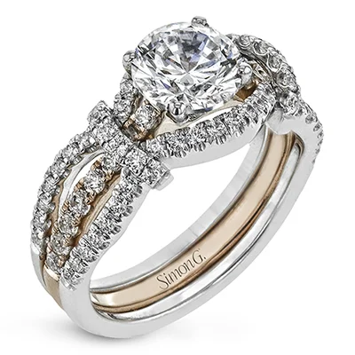 Sun Engagement Rings -Round-cut Split-Shank Engagement Ring & Matching Wedding Band in 18k Gold with Diamonds MR3005