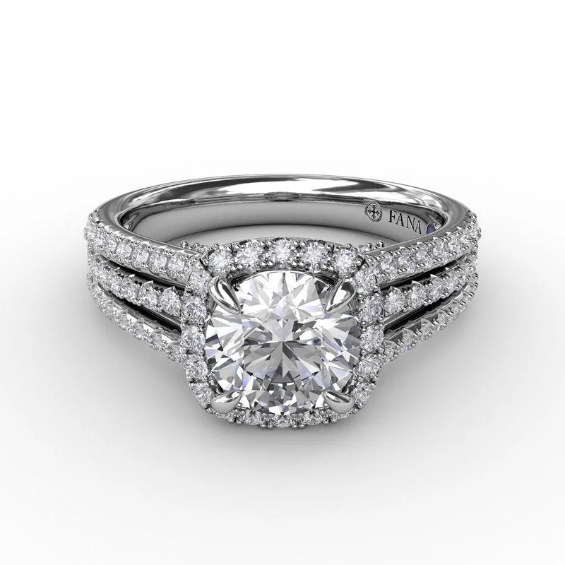 Rustic Engagement Rings -Cushion-Shaped Diamond Halo Engagement Ring With Triple-Row Diamond Band S3315