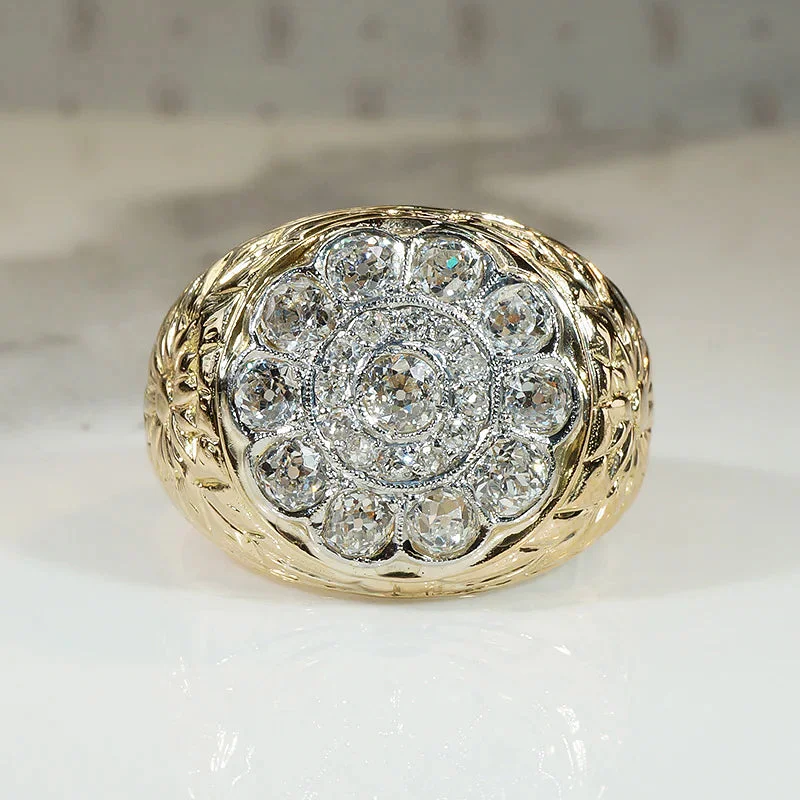 Forest Green Rings -Rose Window Diamond Cluster in Gold & Platinum Ring