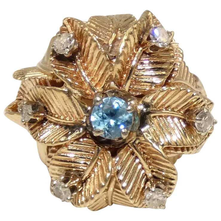 Heirloom Style Rings -14K Gold Custom Flower Ring with Diamonds & Aquamarine