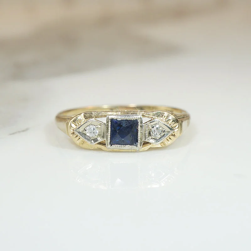 Dreamy Stone Rings -French Cut Sapphire & Diamond Two-Tone Gold Ring