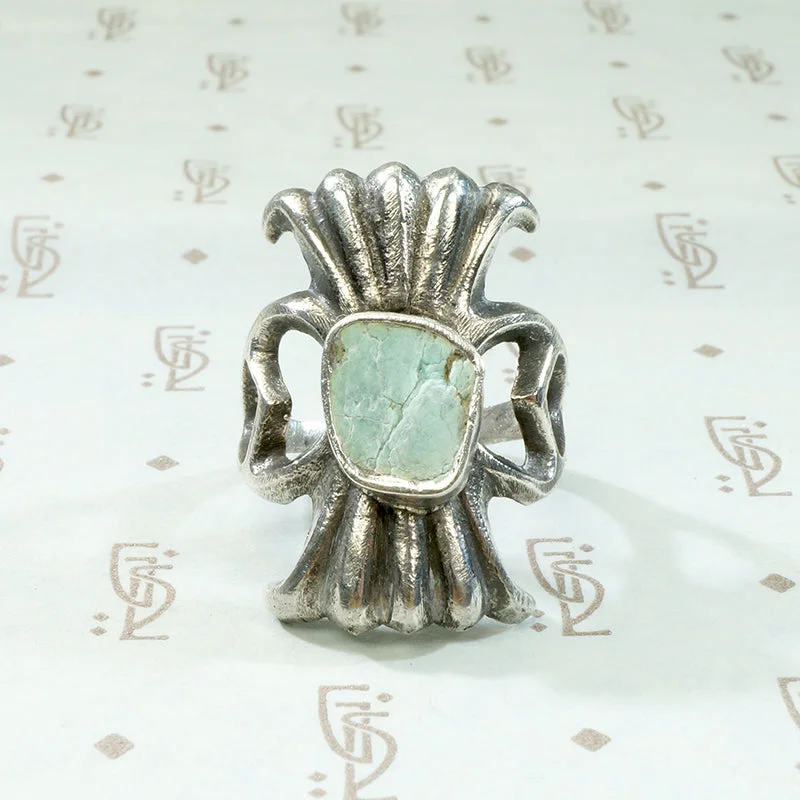 Square Band Rings -Navajo Sand Cast Silver Ring with Pale Green Turquoise