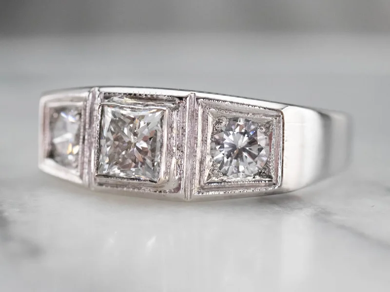 Lightweight Engagement Rings -Three Stone Retro Era Diamond Engagement Ring