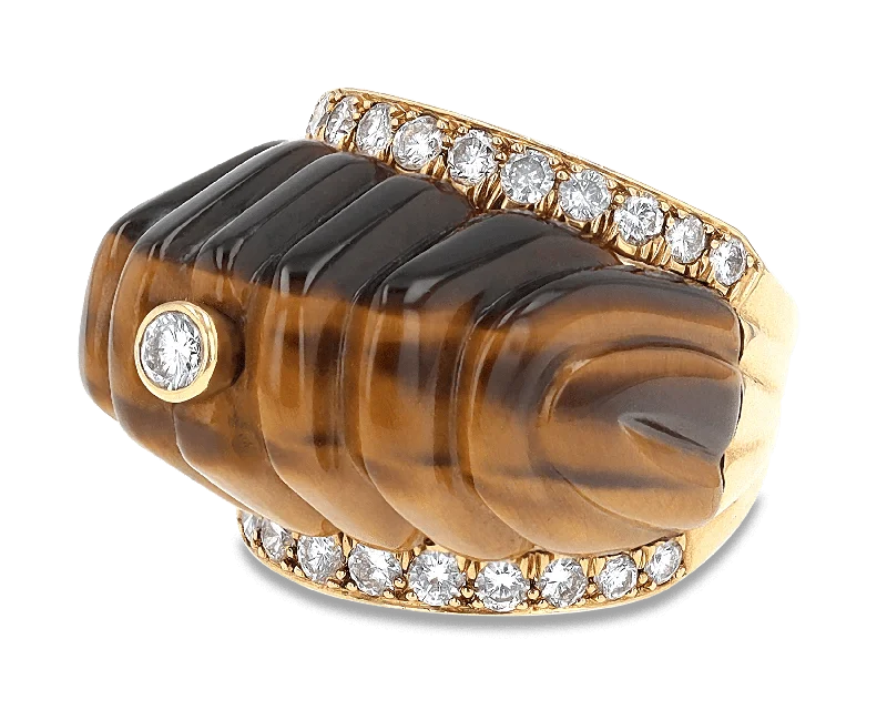 High-End Minimal Rings -David Webb Tiger's Eye and Diamond Ring