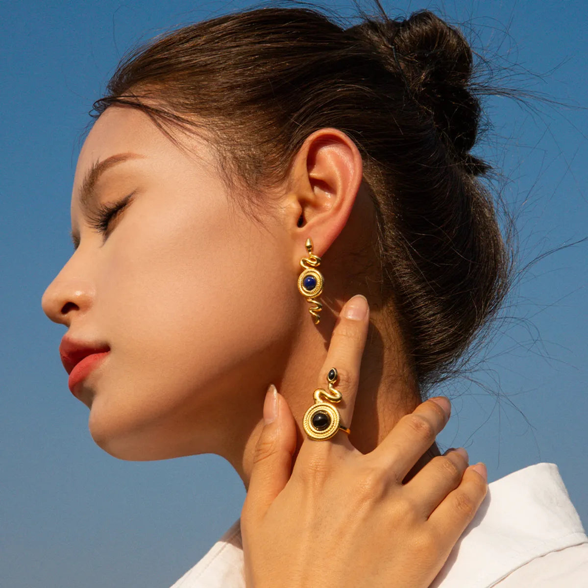 Ladies Earrings with Zodiac Gems-Retro Snake Stainless Steel Plating 18k Gold Plated Rings Earrings