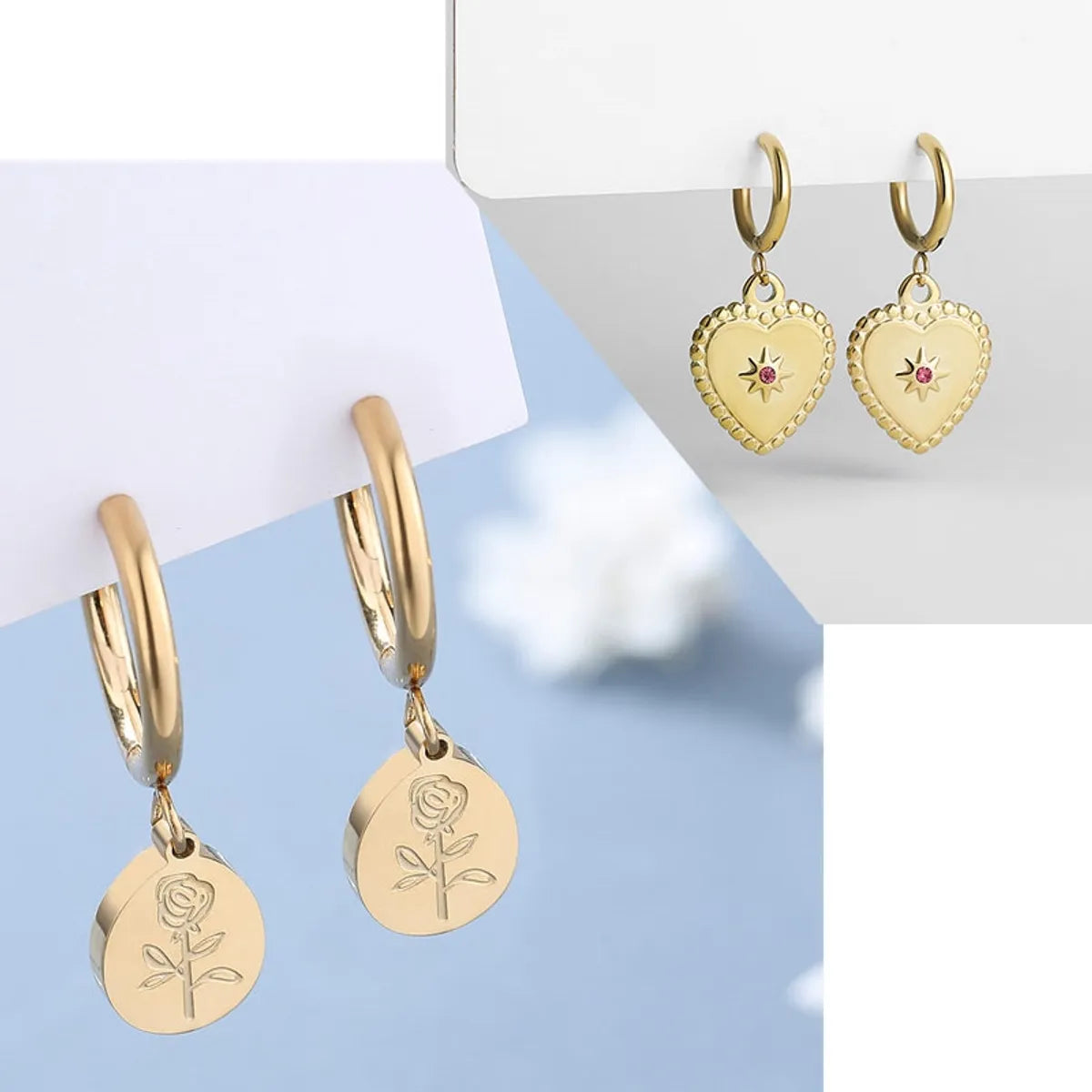 Ladies Earrings Striking Design-1 Pair Simple Style Water Droplets Heart Shape Flower Plating Inlay Carving Stainless Steel Titanium Steel Zircon Gold Plated Drop Earrings