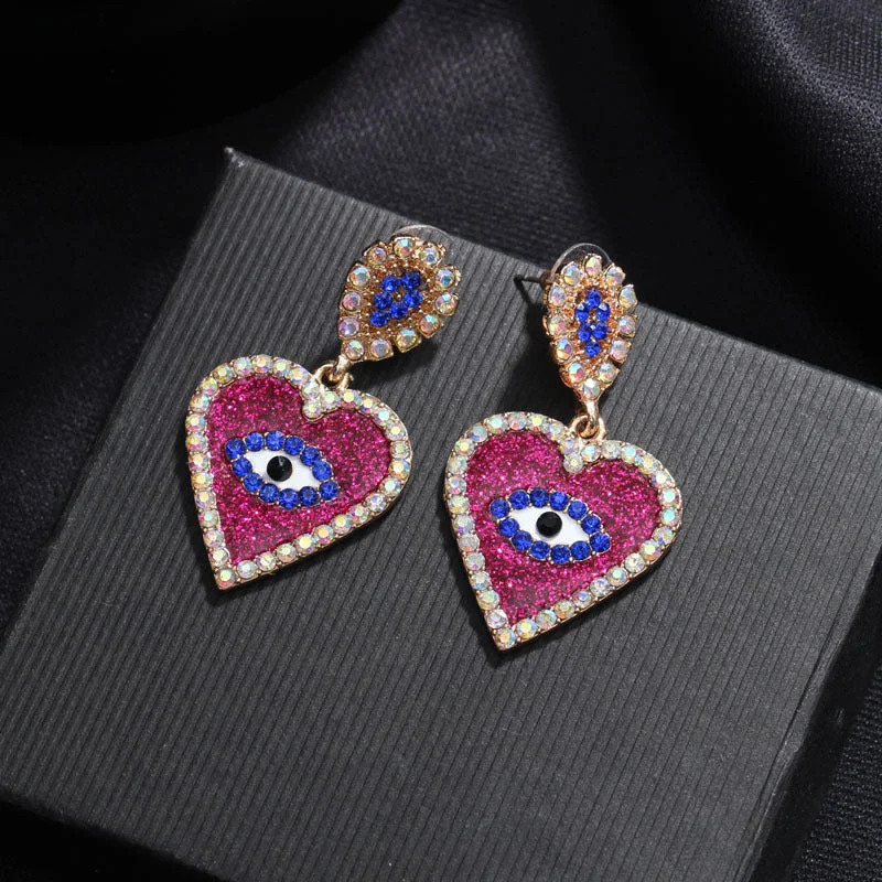 Ladies Earrings Everlasting Look-1 Pair Exaggerated Devil's Eye Heart Shape Inlay Alloy Rhinestones Drop Earrings