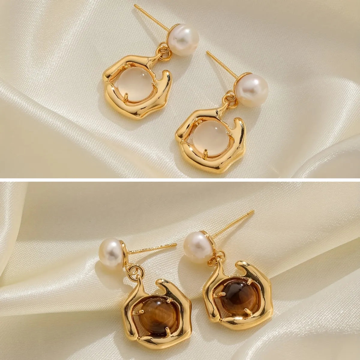 Ladies Earrings for Innovators-1 Pair Retro Baroque Style Vacation Irregular Inlay Copper Pearl Tiger Eye Opal 18K Gold Plated Drop Earrings