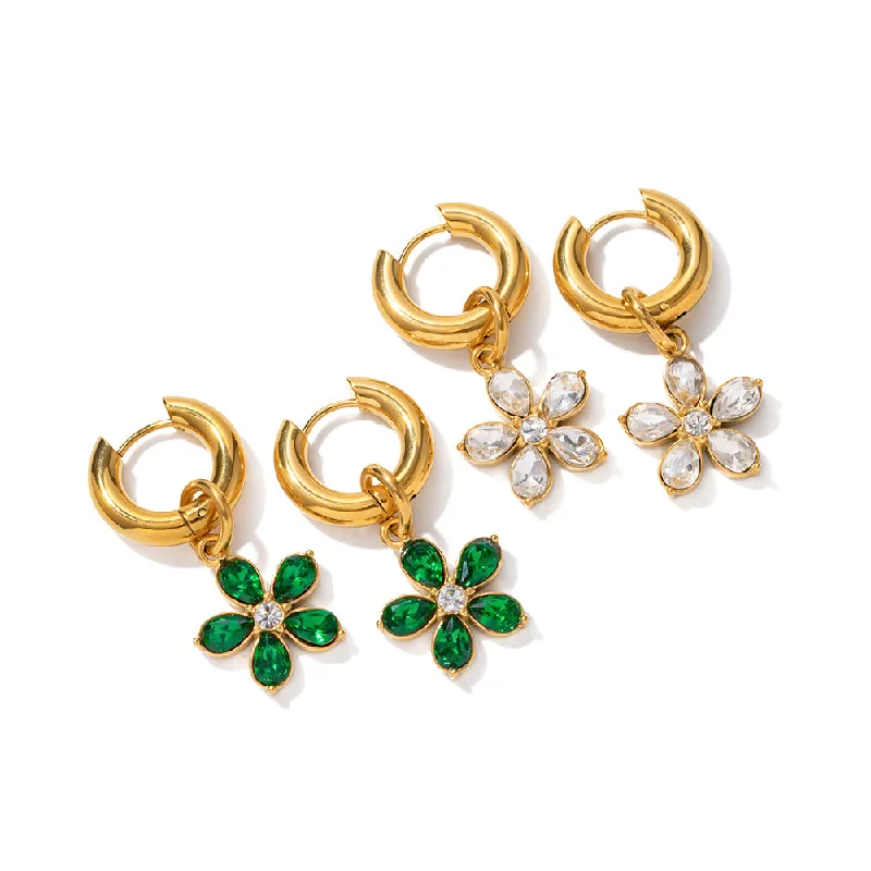 Ladies Earrings with Pure Okenite-1 Pair Sweet Flower Plating Inlay Stainless Steel Zircon 18k Gold Plated Drop Earrings