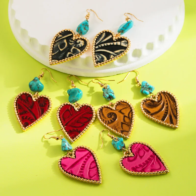 Ladies Earrings with Key Drops-1 Pair Elegant Vintage Style Heart Shape Plating Inlay Alloy Artificial Leather Turquoise Drop Earrings