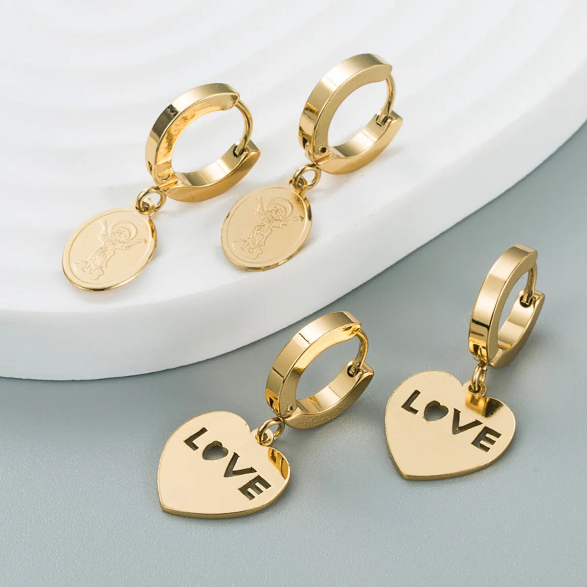 Ladies Earrings Oversized Hoops-Korean Simple Heart-shaped Virgin Mary Letter Titanium Steel Earrings