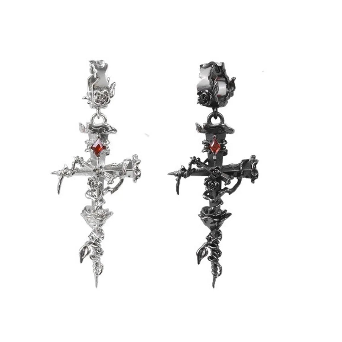 Ladies Earrings with Teal Turquoise-1 Pair Gothic Cross Rose Carving Sterling Silver Drop Earrings