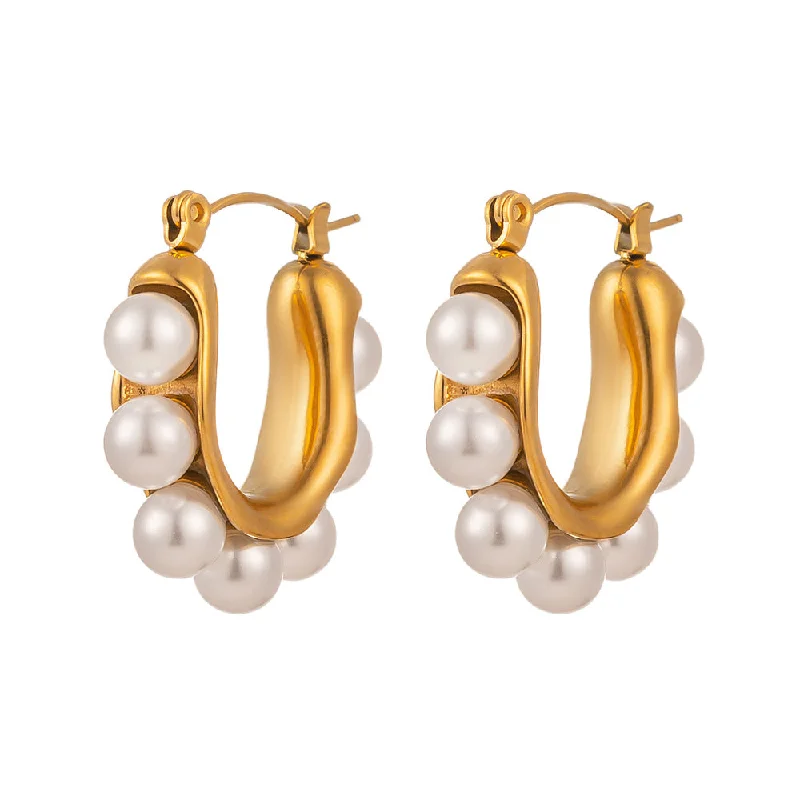 Ladies Earrings for Everyday Chic-1 Pair Retro Baroque Style Geometric Solid Color Epoxy Plating Inlay Titanium Steel Artificial Pearls 18k Gold Plated Hoop Earrings