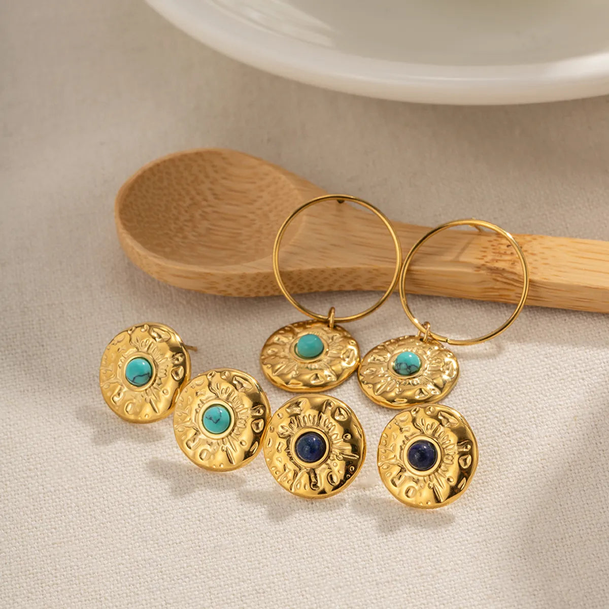 Ladies Earrings with Cyan Richterite-1 Pair Ig Style Solid Color Plating Pleated Stainless Steel Natural Stone 18k Gold Plated Earrings