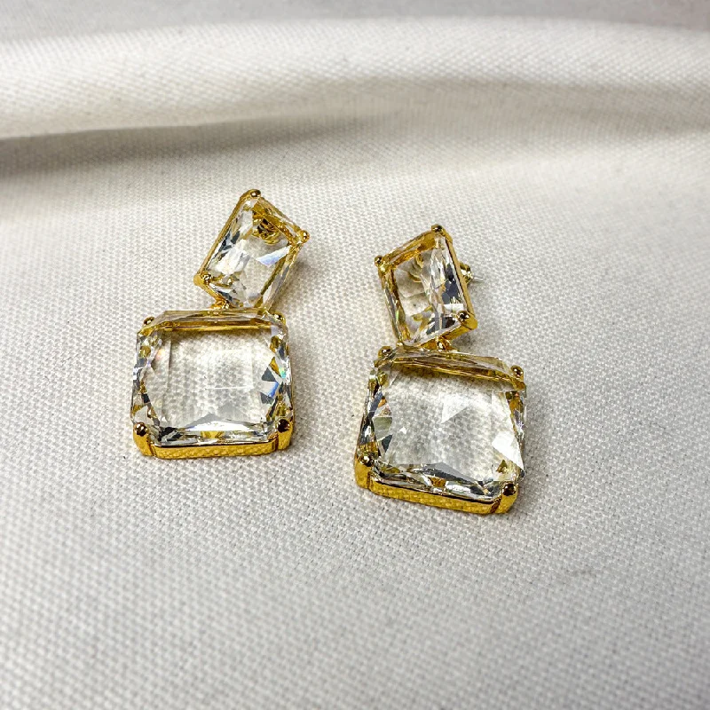 Square Crystal Glass Earrings 925 Silver Needle Plated with Real Gold