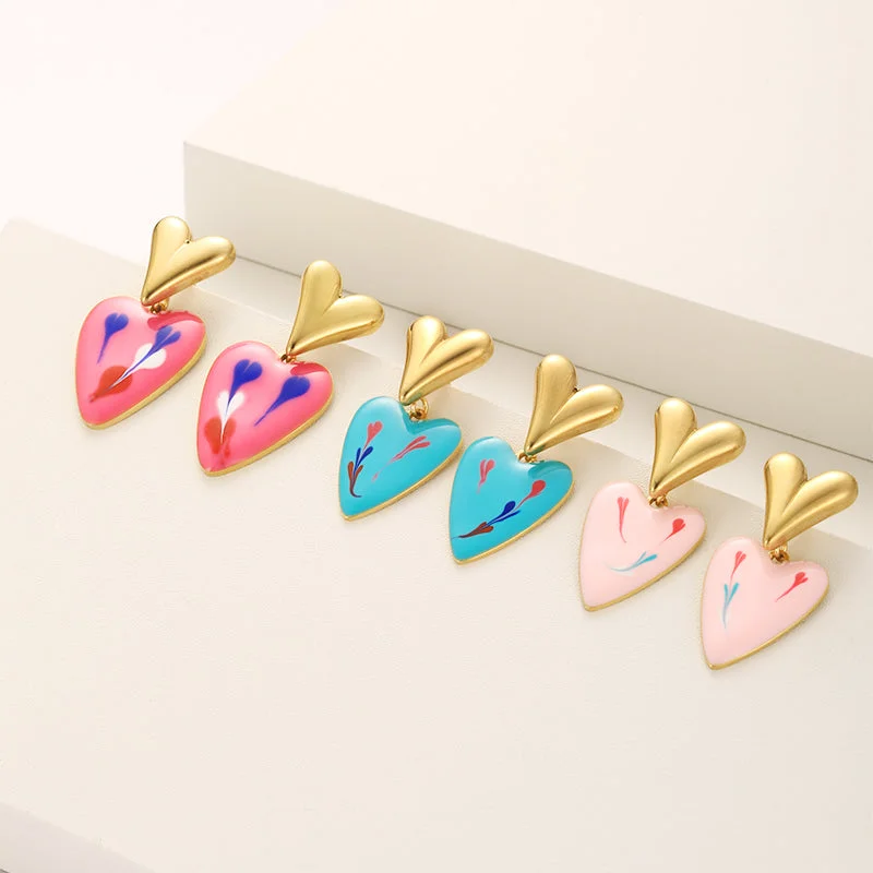 Ladies Earrings for Students-1 Pair Cute Sweet Heart Shape Plating Stainless Steel 18k Gold Plated Drop Earrings