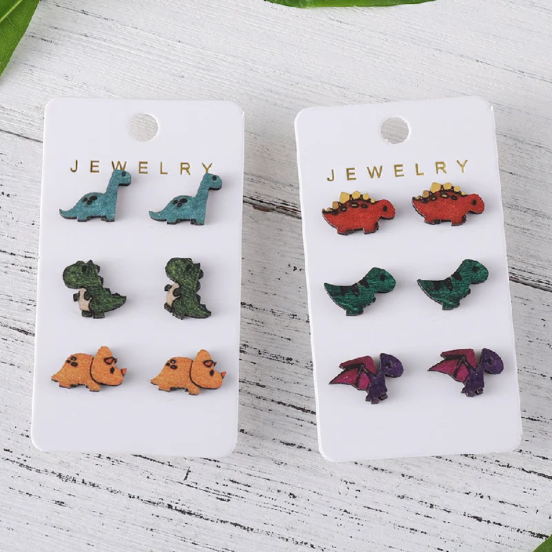 Ladies Earrings for Chefs-Wholesale Jewelry Retro Dinosaur Wood Printing Ear Studs