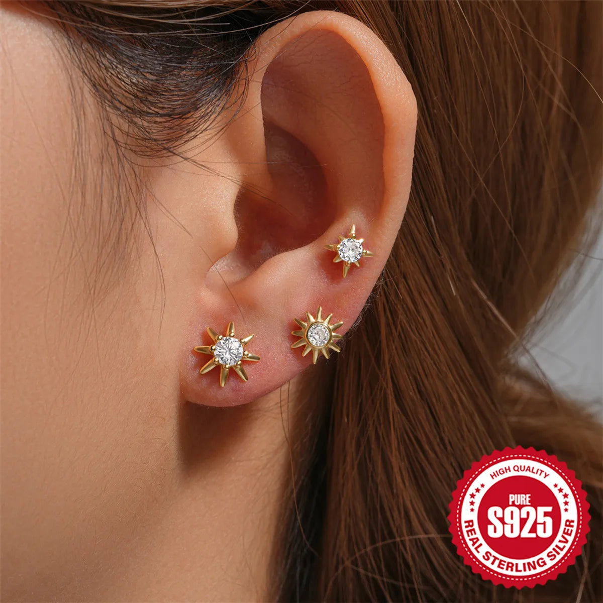 Ladies Earrings for Designers-3 Pieces Set IG Style Simple Style Shiny Star Plating Inlay Sterling Silver Zircon Ear Studs