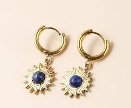 Natural Lapis Lazuli Titanium Steel Sun Earrings